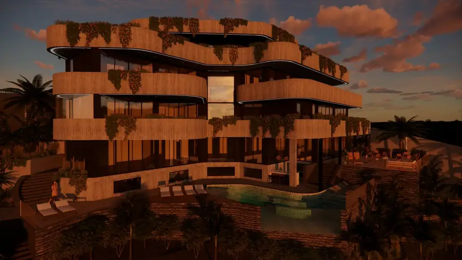 Hotel em socalcos ao fim da tarde