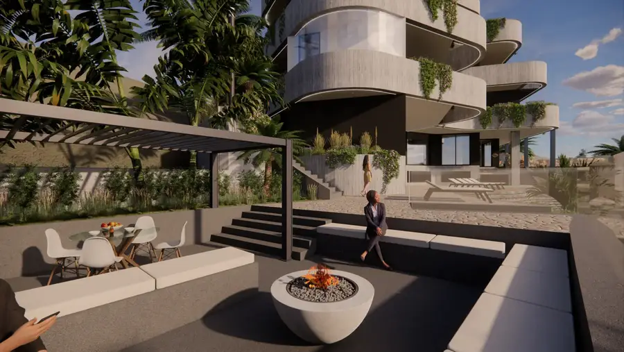 Zona lounge exterior com lareira