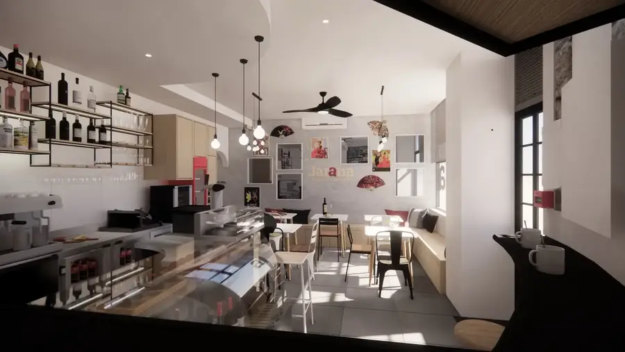 Render 3D do balcão e da garrafeira
