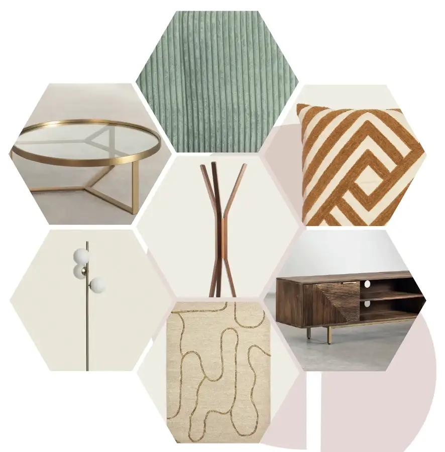 Moodboard com mobiliário, tecidos e iluminação