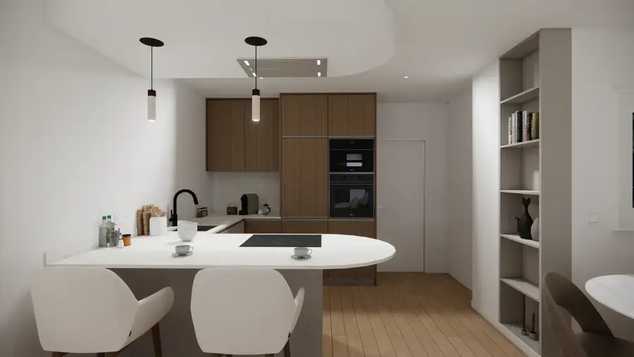 Cozinha com península curva e bancos brancos