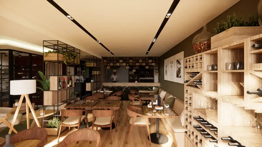 Sala de restaurante com garrafeira em madeira e metal