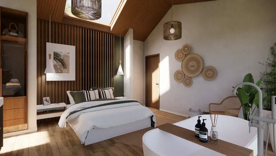 Quarto com teto em madeira e cabeceira clara